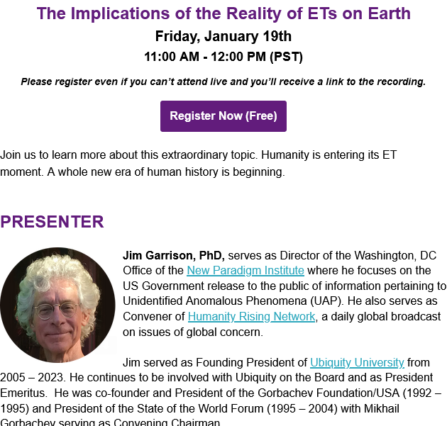 screen grab of website content about this event, webinar speaking on extraterrestrial life on earth January 2024