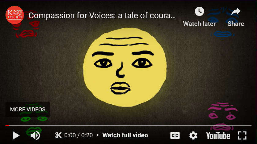 Still of "Compassion for Voices" animated film related to Voices 2015 by Charlie at King's College, London,
One yellow face surrounded by other faces drawn with a dark marker like line.